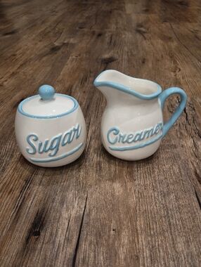 White and Light Blue Ceramic Sugar Jar and Creamer Set - Serveware